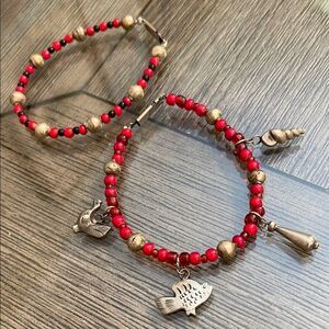 Peruvian - Mexican - Red and Silver Beaded Bracelets with Charms Chicken & Fish